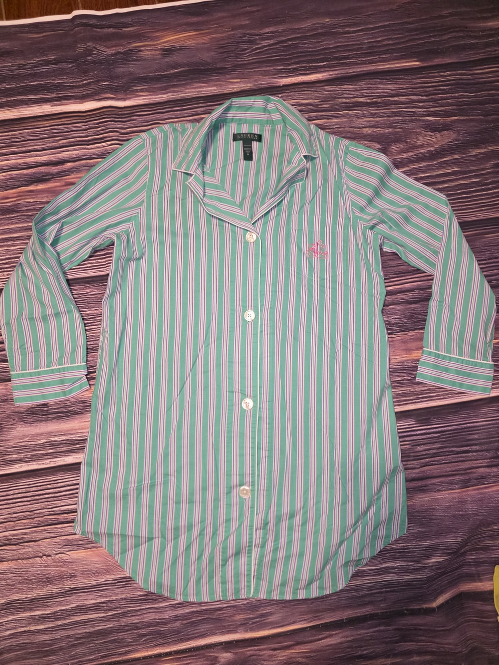 Ralph Lauren Green & Pink Striped Womens' Button-Up Sleep Shirt